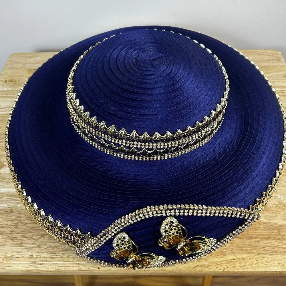 Lisa Rene Black Label Church Hat Navy Blue Wide Brim Rhinestone Butterfly Dressy
